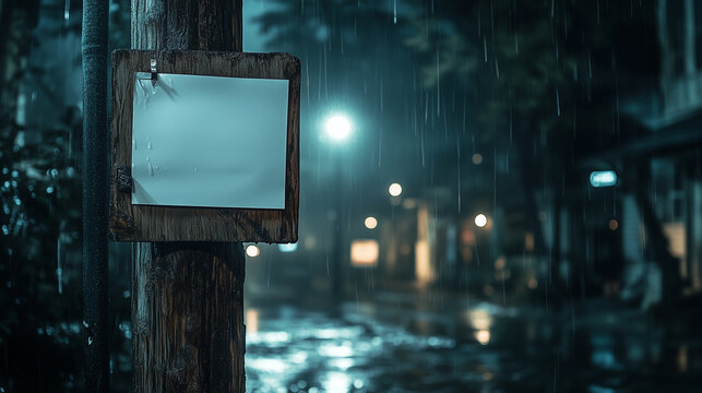 Blank white paper note pinned on wooden pole in rainy dark city street mockup