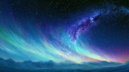 Fototapeta premium Anime-style layered aurora gradients merging with the milky way in a starry night sky
