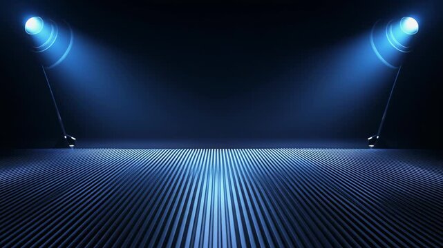 Futuristic stage with sleek metallic ridges illuminated by blue spotlights for modern event design