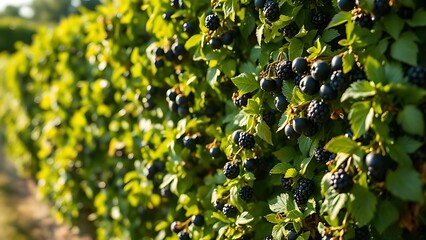 Obraz premium blackcurrant. French countryside hedgerow with blackcurrant bushes. travel magazines, destination branding, wall prints, designed for outdoor magazines and nature guides, used by hr managers.