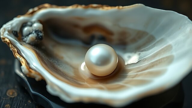 watery. A single natural pearl inside an open oyster shell with iridescent glow. wildlife magazines, conservation campaigns, designed for eco-tourism storytelling, celebrates biodiversity.