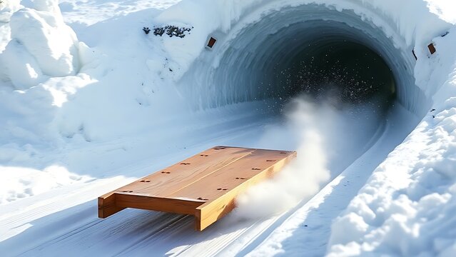 toboggan. A wooden toboggan speeds down an icy chute, spraying snow into the air. event key visuals, club posters, designed for fitness apps and gym onboarding, used by event planners.