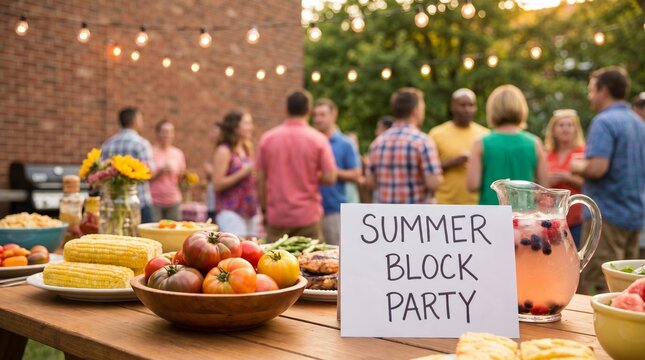 Summer Block Party Outdoor Neighborhood Gathering with Fresh Food and Drinks on Wooden Table for Community Celebration and Social Event Concept