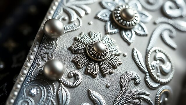 charro. Close-up of intricate silver embroidery and buttons on a traditional suit jacket. lifestyle magazines, social media lookbooks, designed for influencer and brand collaborations.