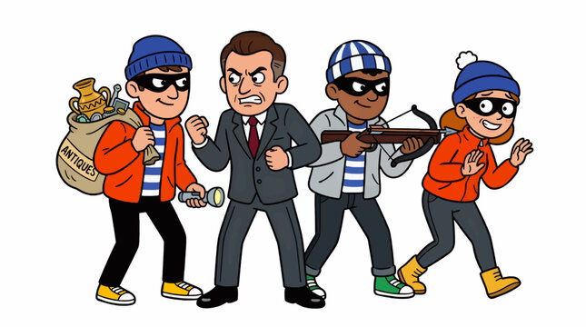 Cartoon Illustration of Four Thieves with Stolen Antiques, Flashlight, and Crossbow on White Background, Flat Design