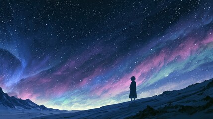 Fototapeta premium Silhouette of a person standing on a hill under a vibrant night sky filled with layered auroras and stars