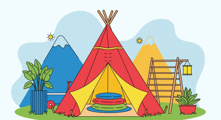 Colorful teepee tent in outdoor mountain landscape, flat vector illustration of a glamping campsite, cozy bohemian wigwam with pillows and plants © Steven