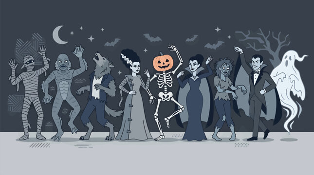 Classic Monsters Lineup: Mummy, Creature, Werewolf, Bride, Skeleton, Vampire, Zombie, Ghost in Spooky Night Scene, Flat Design Vector Illustration