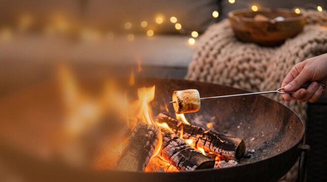 Close up of a hand roasting a marshmallow over a backyard fire pit at night, cozy autumn evening atmosphere, concept of camping lifestyle and outdoor relaxation