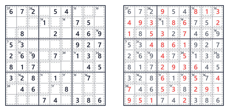 Two Sudoku puzzles with filled and empty grids on white background  