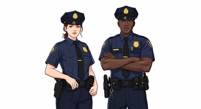 Police officers in blue uniforms, diverse male and female law enforcement characters, professional security guard team vector illustration