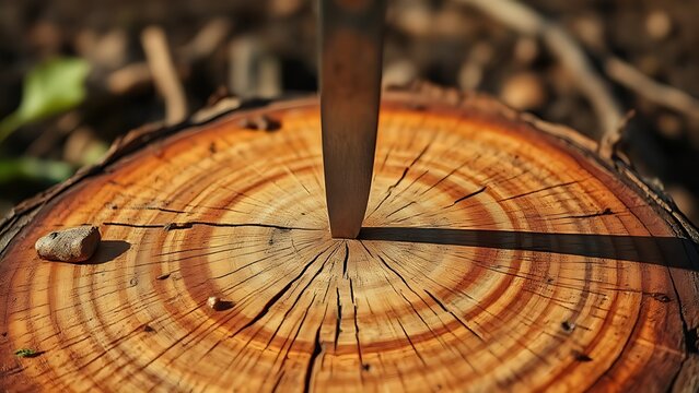 precisely. Axe blade embedded in center of round log, close-up impact point, outdoor light, wood grain detail. safety posters.