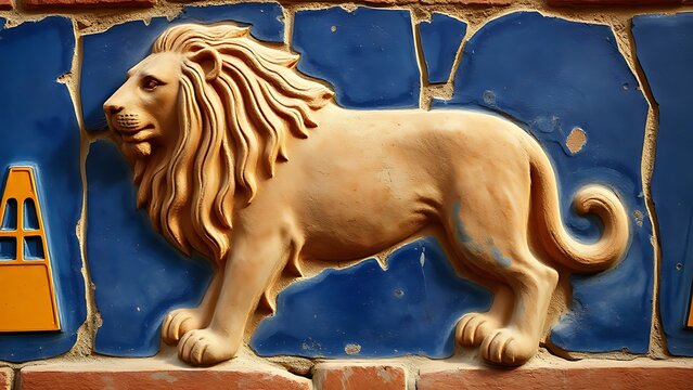 ishtar. Glazed brick relief of a lion against lapis lazuli blue background with gold accents, intricate patterns. event programs.