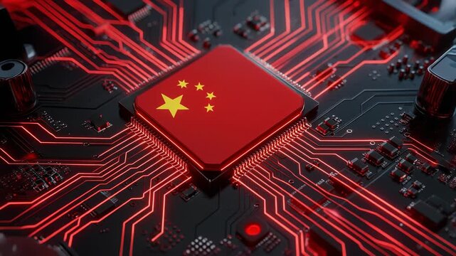 Glowing red microchip with Chinese flag powering up vibrant circuitry animation