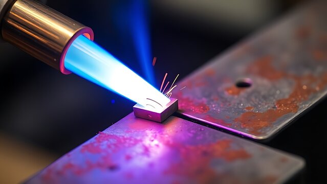 oxyacetylene. Close-up of a blue torch flame heating a metal joint with molten filler metal. safety posters, maintenance manuals, designed for industrial assembly lines and welding operations.