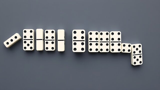subsequent. Chain of dominoes with one missing piece, halting the cascade from above. safety posters, maintenance manuals, designed for industrial assembly lines and welding operations.