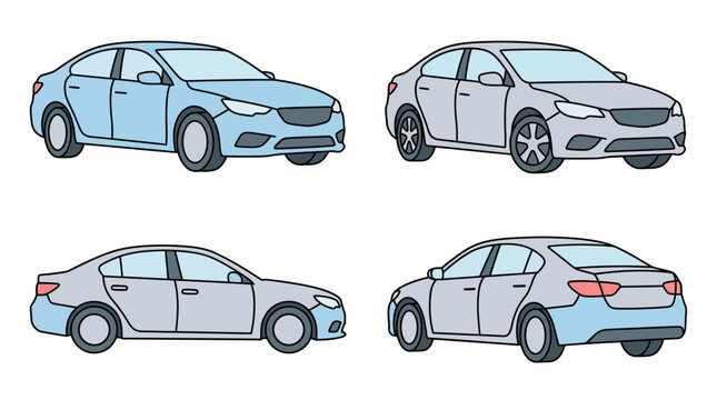 A set of four generic sedan cars shown from different angles