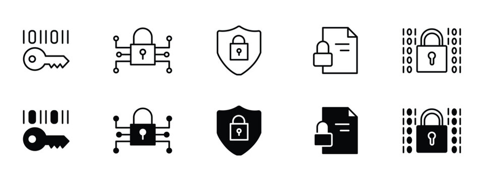 Encrypted Lock Icon Set - Encrypted Lock Cryptography Key Privacy Data Protection Line Icons