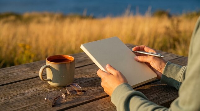Young woman writing in blank notebook outdoors at sunset, creative journaling session with coffee and glasses on wooden table, mindfulness and self reflection concept