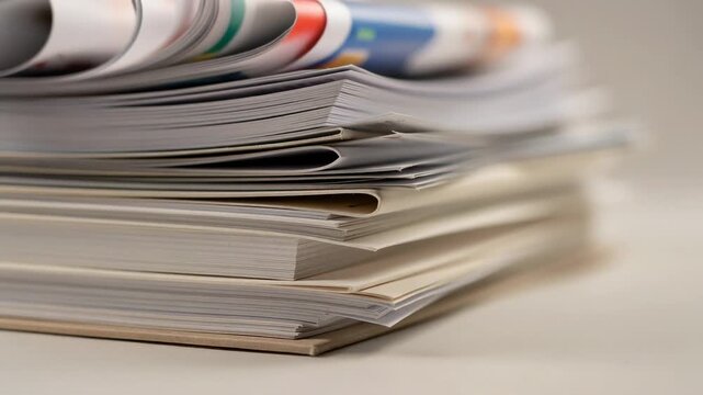 Slow motion video of neatly stacked magazines and booklets on smooth surface showcasing organized reading materials