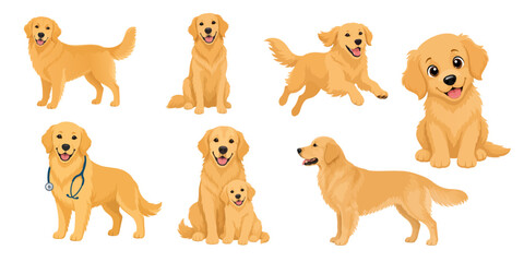 Obraz premium A collection of golden retriever dogs in various poses and activities, including standing, sitting, playing, and wearing a stethoscope. AI generative