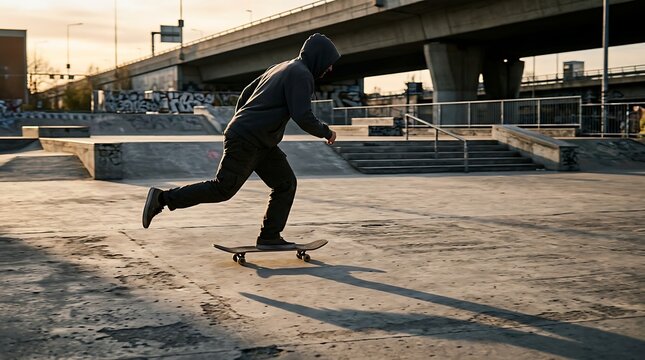 Skateboarder in motion at a skatepark during golden hour with an overpass in the background.