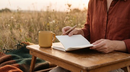 Obraz premium Young woman writing in a notebook on a wooden table in a meadow at sunset, cozy outdoor journaling concept, mindfulness and creative writing lifestyle photography