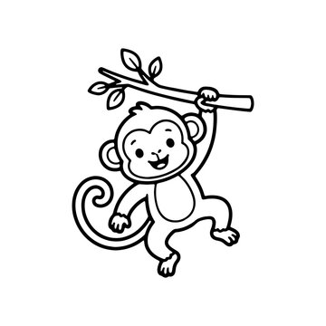 Cute monkey swinging on a tree branch coloring page. Black and white outline of happy little ape for kids coloring book, preschool activities, and KDP interior.