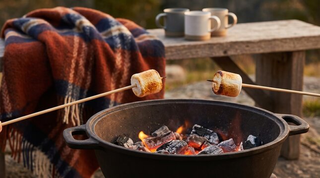 Toasting Marshmallows Over Outdoor Fire Pit with Cozy Plaid Blanket and Mugs for Autumn Camping Lifestyle Concept
