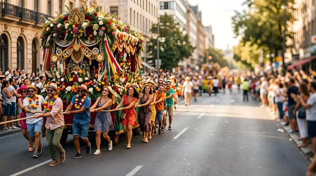 People pulling a decorated floral parade float in a sunny city street