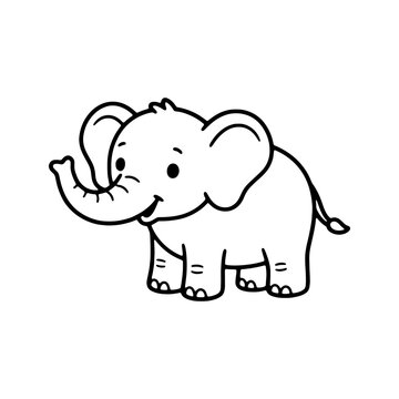 Cute baby elephant coloring page. Black and white outline of happy little elephant cub for kids coloring book, preschool worksheets, and KDP interior.