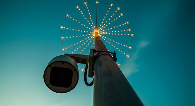 Security camera and festive lights on a pole against a teal sky