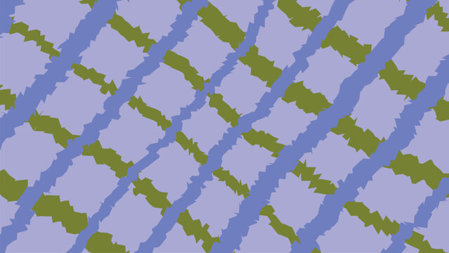 Woven grid pattern with diagonal lines and irregular shapes in blue and green colors on a light purple surface.
