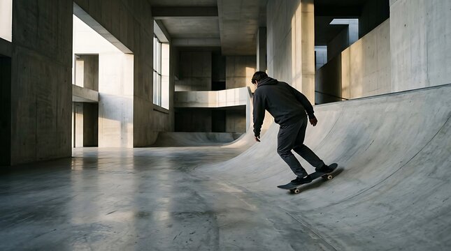 Young Man Skateboarding in a Modern Concrete Skatepark.