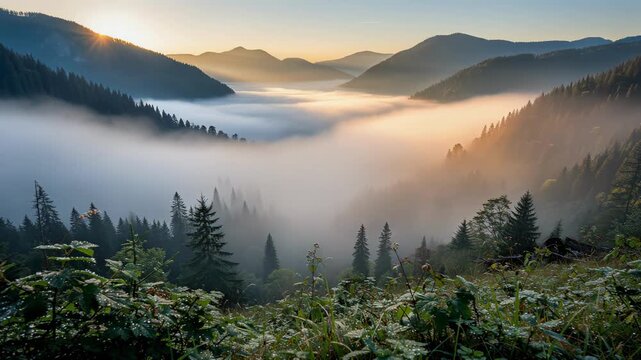 Soft morning mist rolling through dense pine forest in peaceful mountain valley landscape