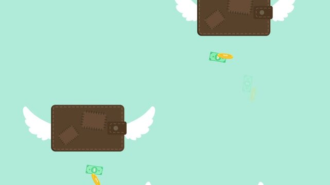 old patched wallet leaking money. Financial loss and poverty