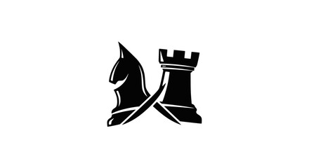 Chess Knight and Rook Silhouette Logo, Strategy Game Icon, Strategic Move, Black and White © Ceblok