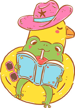 Summer reading animals bookish, Frog Reading on Rubber Duck Float Hand Drawn