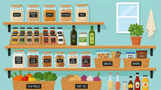 2D Flat Vector Pantry shelves stocked with various dry goods, spices, oils, vegetables, and baking ingredients