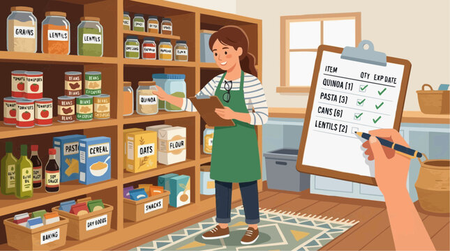 2D Flat Vector Woman checking pantry inventory list of food items in jars and boxes