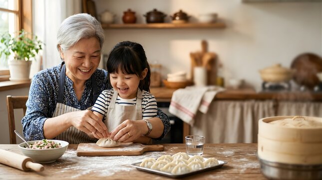 Asian grandmother and granddaughter making dumplings together in a home kitchen