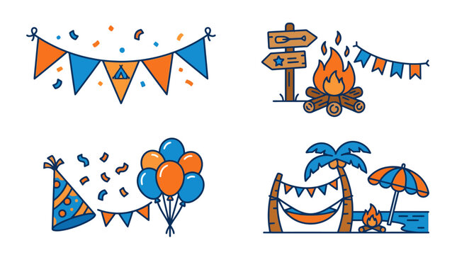 A set of colorful icons for summer camping and parties