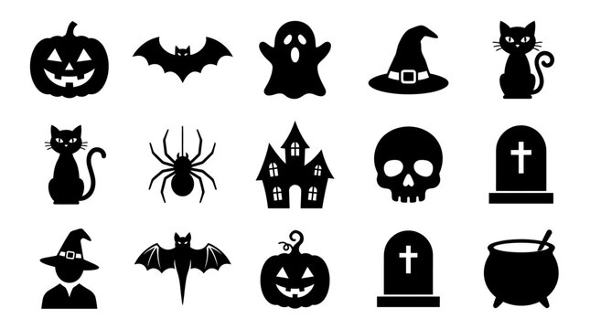 Black Halloween silhouette icon set featuring spooky pumpkins, bats, ghosts, and haunted graveyard elements for graphic design