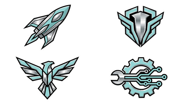 Set of four metallic icons featuring various futuristic symbols
