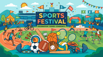 Naklejka premium Colorful sports festival scene with athletes and equipment festival athletes