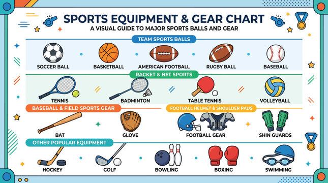 Sports equipment and gear visual chart for school education with equipment