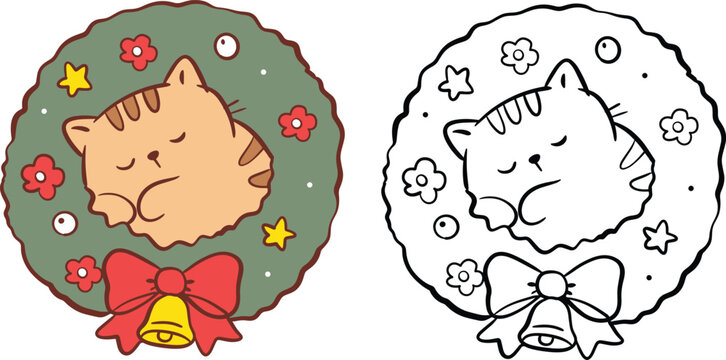Sleeping Christmas Cat in Wreath Vector Clipart Set, Color and Outline