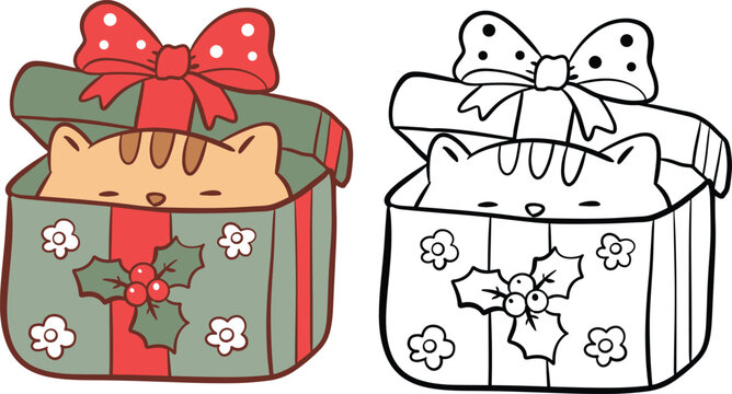 Christmas Cat in Gift Box Vector Clipart Set, Color and Outline