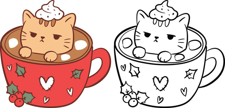 Christmas Cat in Hot Cocoa Mug Vector Clipart Set, Color and Outline