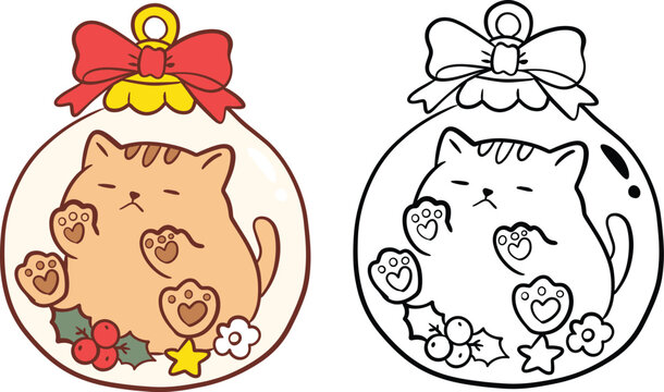 Christmas Cat in Ornament Vector Clipart Set, Color and Outline